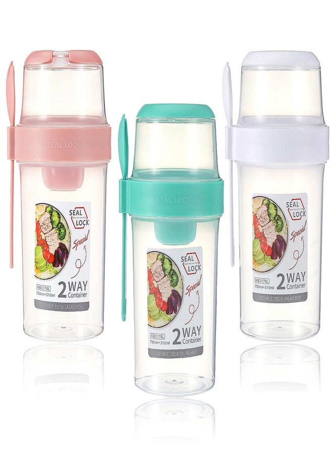 JOUTYFOR 3 Pcs Salad Shaker Cup with Lids and Fork Fresh Salad Shaker Container for Lunch, Portable Breakfast Meal Vegetable and Fruits (White,Pink,Green) - Image 1